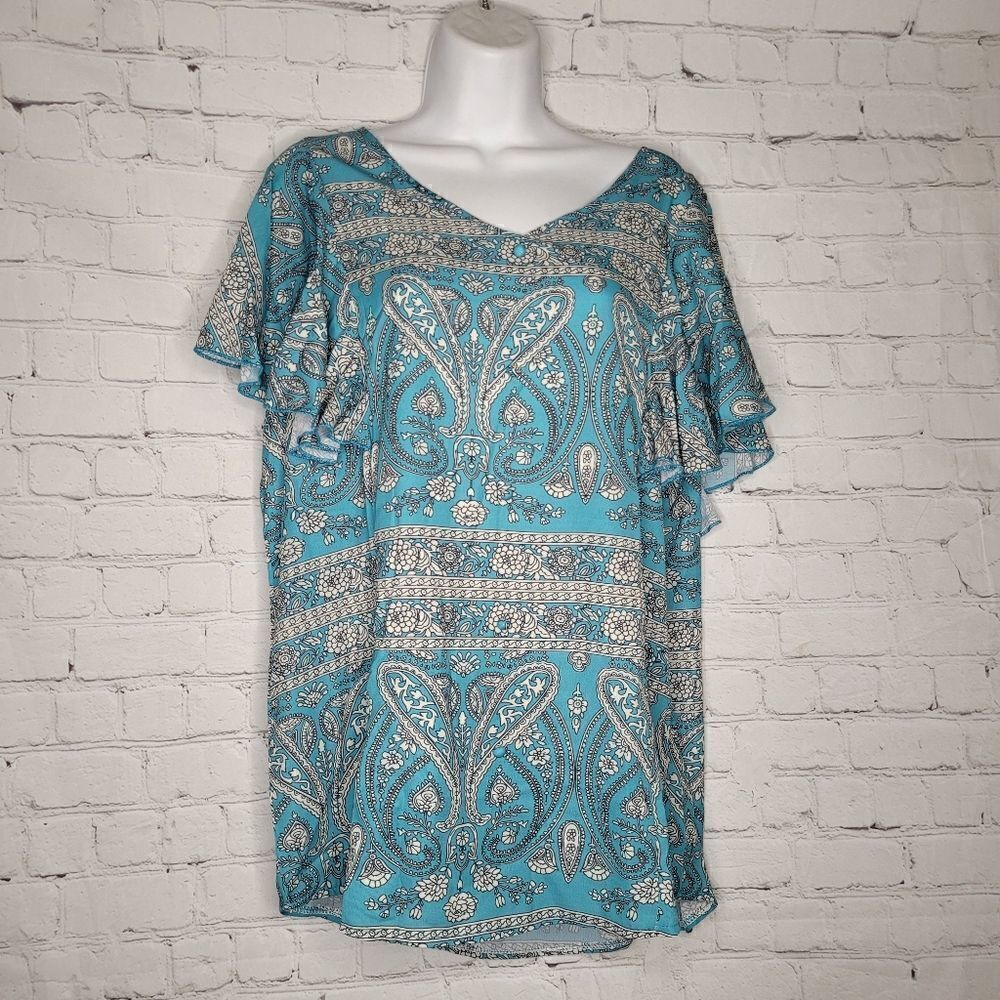 ‎Women's Short Ruffle Sleeve Mandala Top 2XL